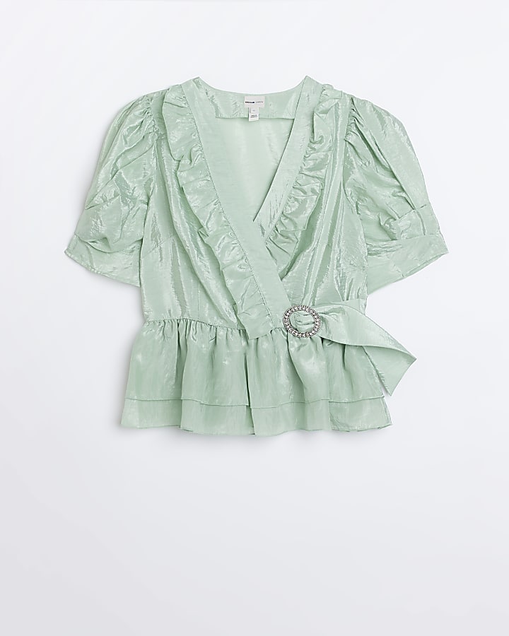 Green frill wrap blouse