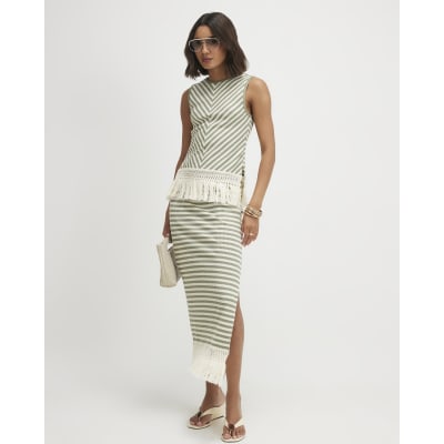 Fringe Hem Striped Midi Skirt