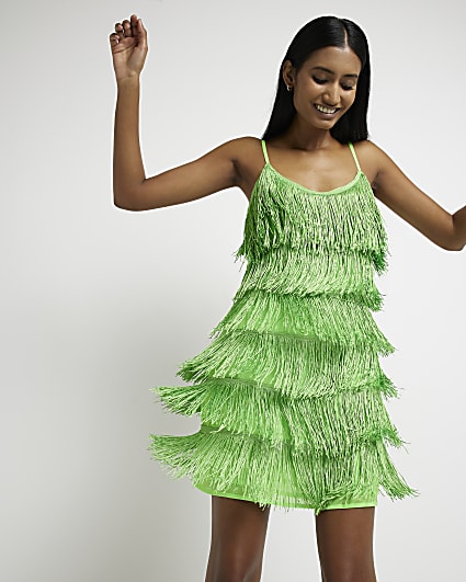 Green fringe mini dress