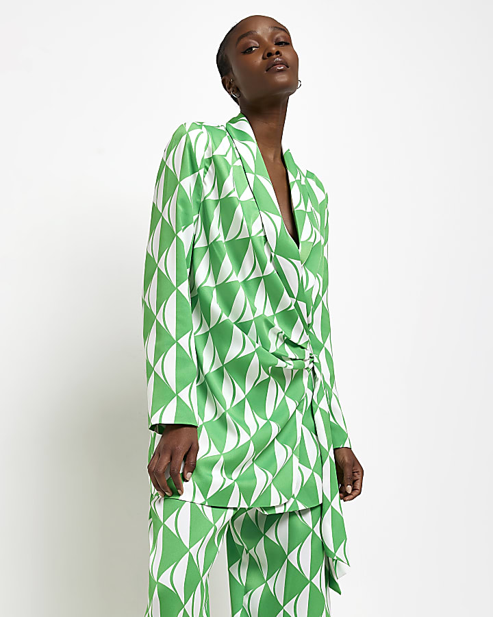 Green geometric print wrap blazer
