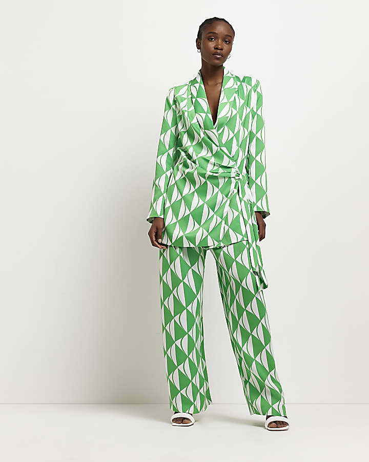Green geometric print wrap blazer