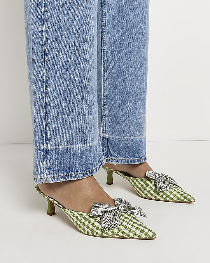Green gingham heeled shoes