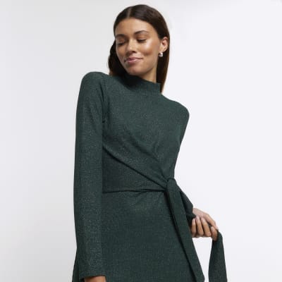 Green glitter knot bodycon midi dress River Island