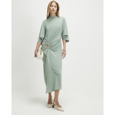 Green Gold Buckle Midi Dress