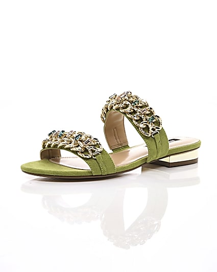 360 degree animation of product Green gold chain embellished mules frame-0