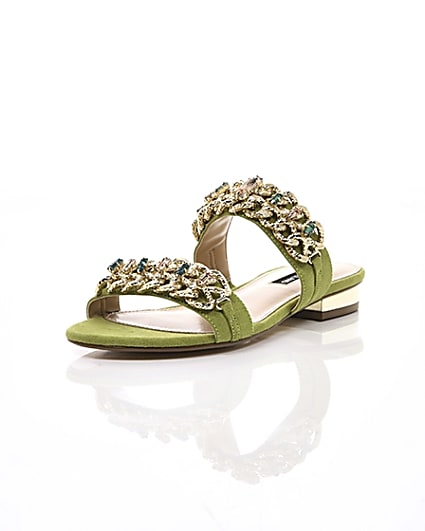 360 degree animation of product Green gold chain embellished mules frame-1