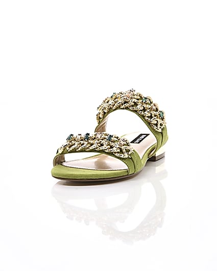360 degree animation of product Green gold chain embellished mules frame-2