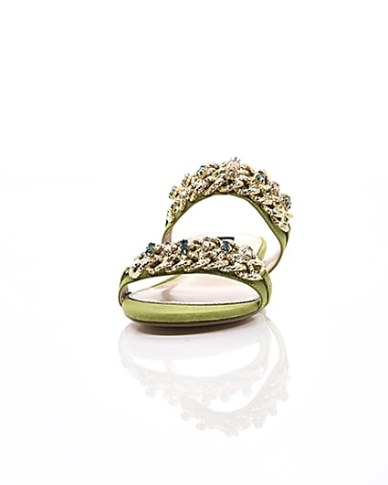 360 degree animation of product Green gold chain embellished mules frame-3