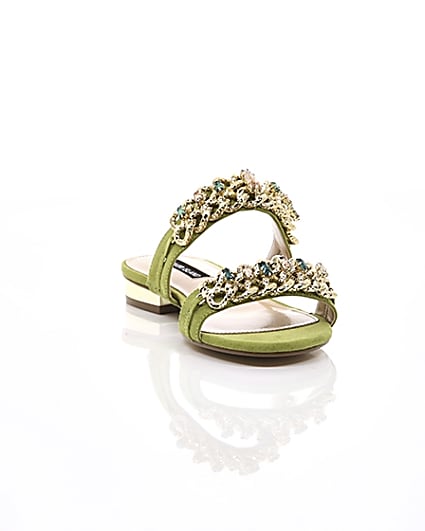 360 degree animation of product Green gold chain embellished mules frame-5