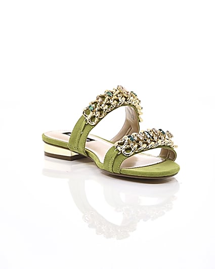 360 degree animation of product Green gold chain embellished mules frame-6