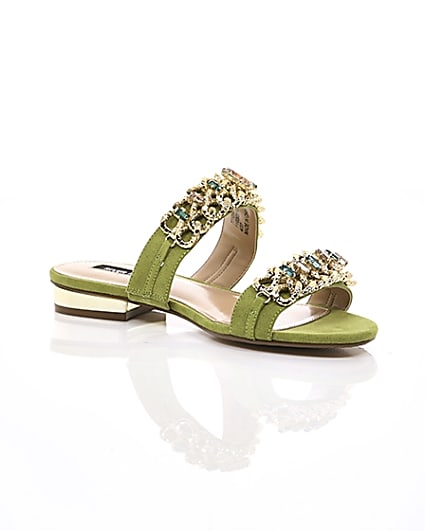 360 degree animation of product Green gold chain embellished mules frame-7