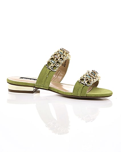 360 degree animation of product Green gold chain embellished mules frame-8