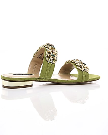 360 degree animation of product Green gold chain embellished mules frame-11