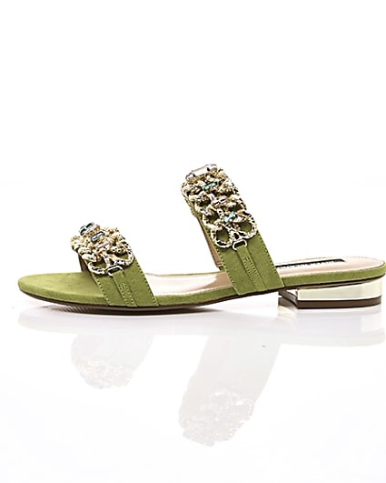 360 degree animation of product Green gold chain embellished mules frame-22