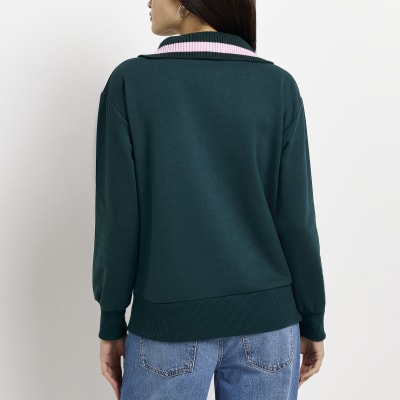 Green half zip slogan sweatshirt