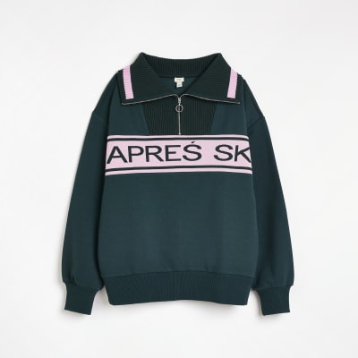 Green half zip slogan sweatshirt