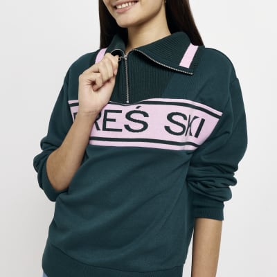 Green half zip slogan sweatshirt