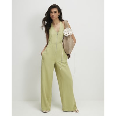Green Halter Neck Denim Jumpsuit
