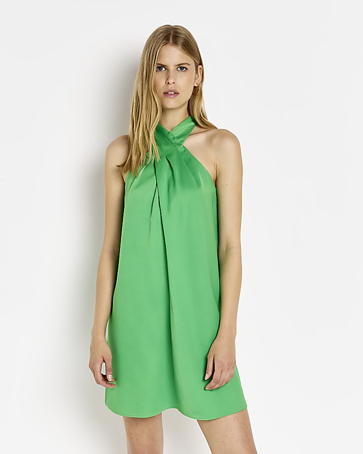 Green halter neck mini dress