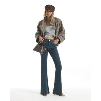 Green High Waist Slim Flare Leg Jeans