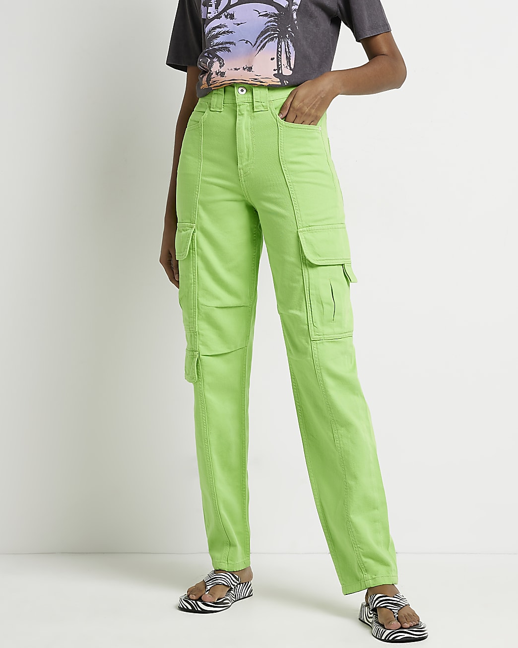 Green high waisted cargo jeans, River Island