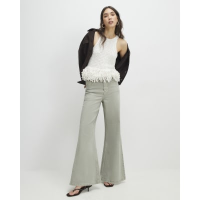 Green High Waisted Wide Flared Leg Jeans