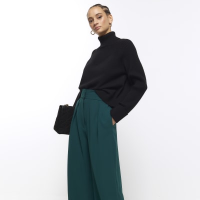 River Island Dark Green Wide Leg Double Button Trousers