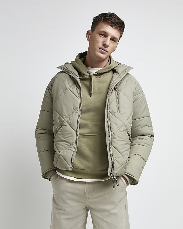 Green hooded diamond quilted puffer jacket