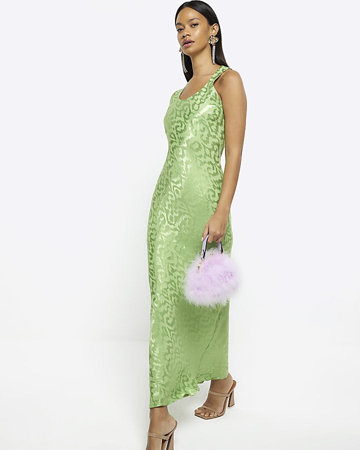 Green jacquard slip maxi dress