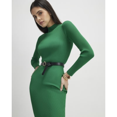 Green Knit Belted Ribbed Midi Dress