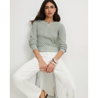 Knit Pointelle Stitch Henley Top