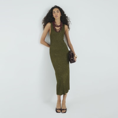 Green Knit Sequin Maxi Dress