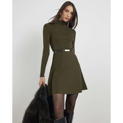 Green Knitted Belted Mini Dress