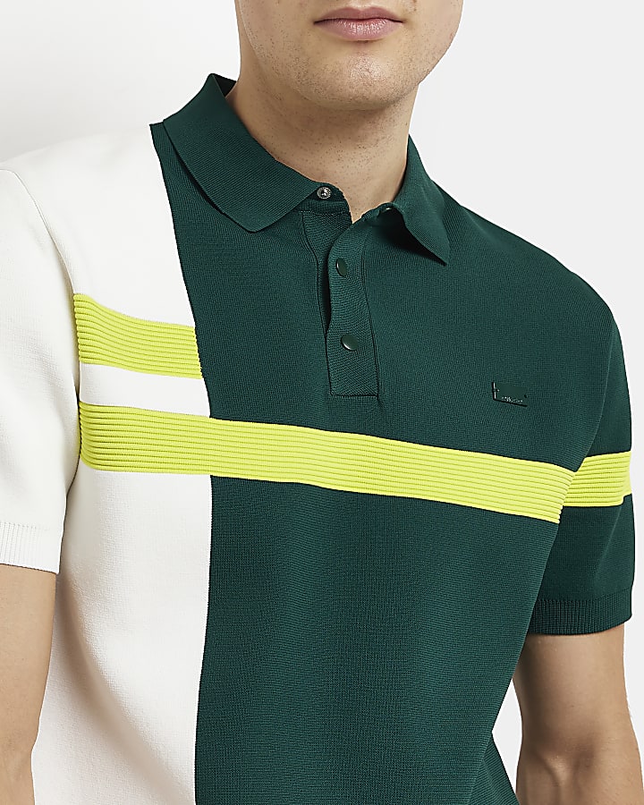 Green knitted colour block polo shirt