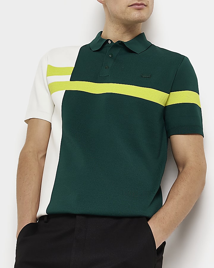 Green knitted colour block polo shirt