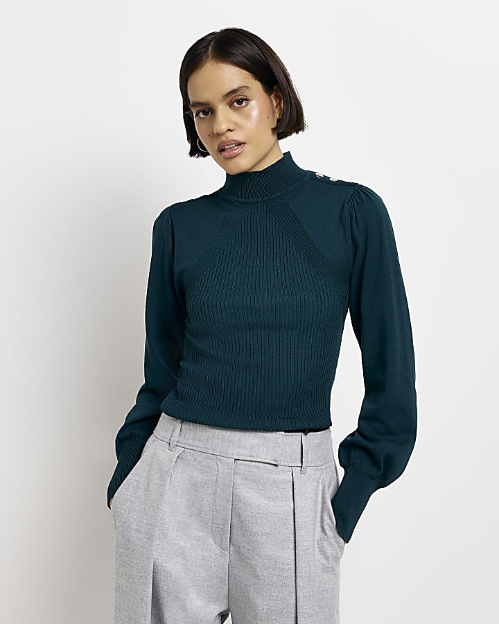 Green knitted puff sleeve top