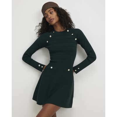 Knitted Rib Button Military Dress
