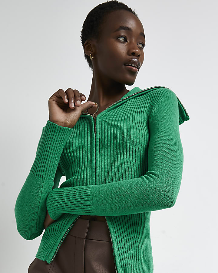 Green knitted zip up cardigan