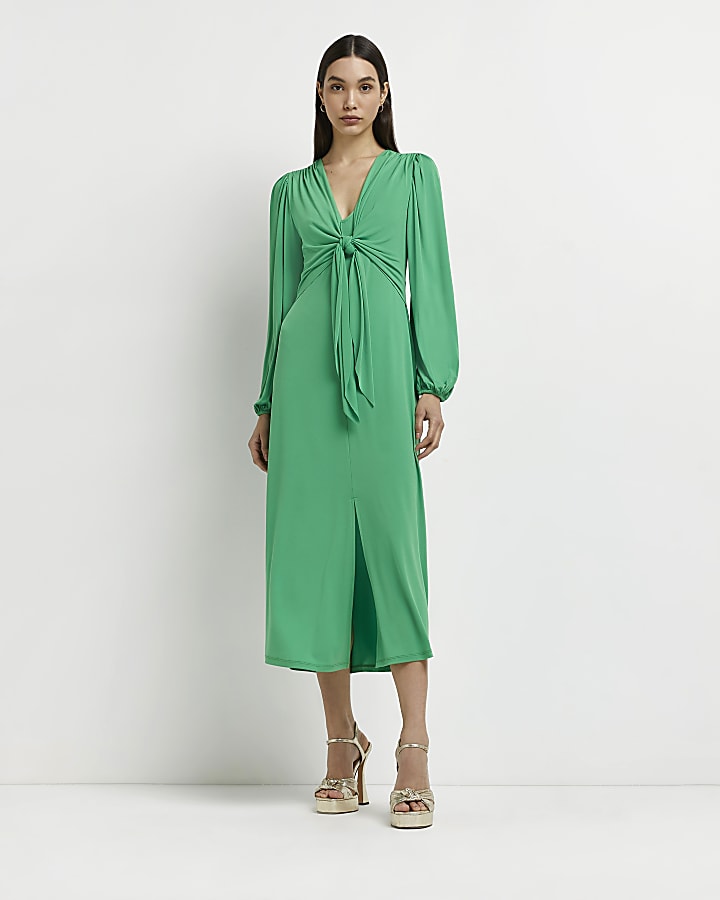 Green knot front swing midi dress