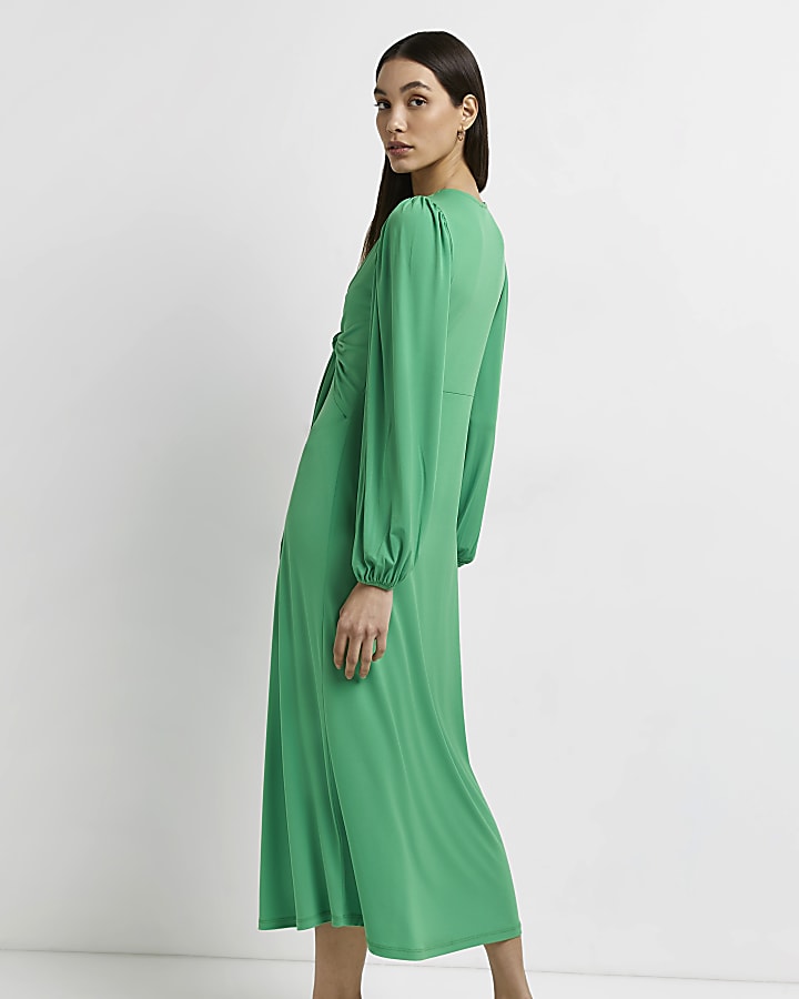 Green knot front swing midi dress