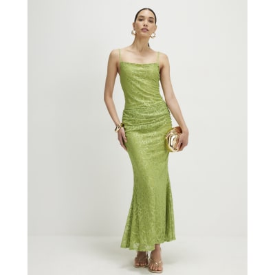 Green Lace Drape Maxi Dress | River Island