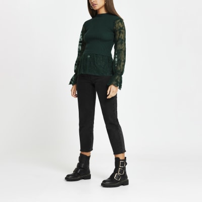 Green lace knit long sleeve top River Island