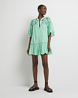 Green lace mini shirt dress