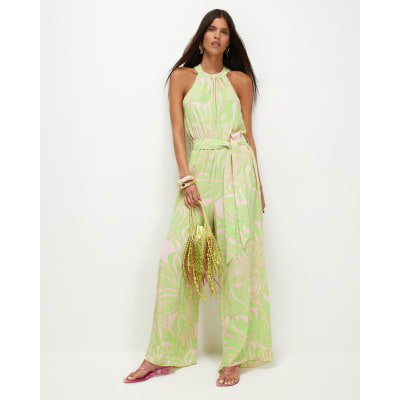 Green Leaf Print Halter Neck Jumpsuit