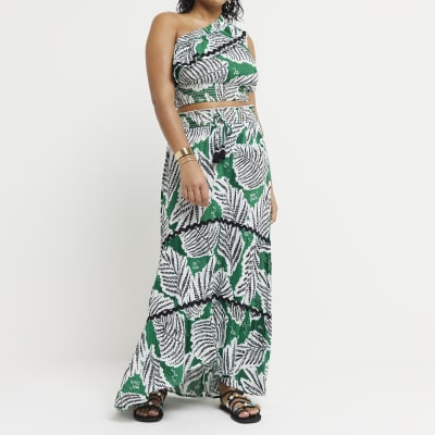 Green Leaf Print Maxi Skirt