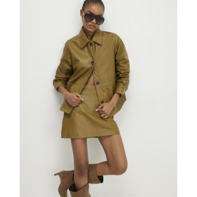 Green Leather Seam Detail Mini Skirt