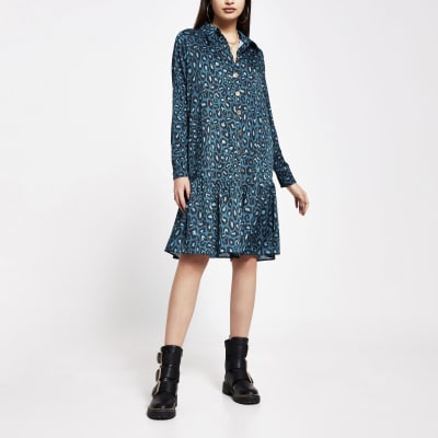 green leopard print shirt dress