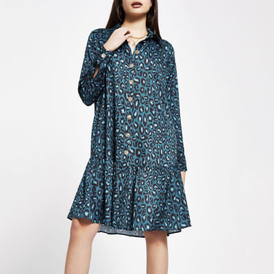 new look green animal print shirt dress