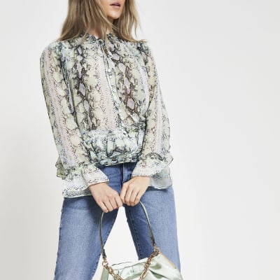 Green long sleeve animal print blouse River Island
