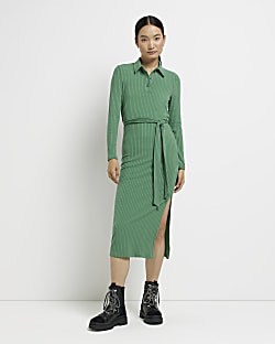 Green long sleeve bodycon midi dress